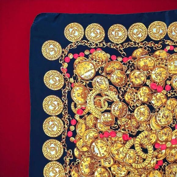Authentic CHANEL Paris Silk Scarf – Gold Coin & Chain Print – Vintage 1990s –... - Picture 16 of 16